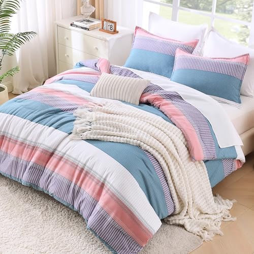 Litanika Full Comforter Set - 3 Pieces Stripe Bedding Comforter Sets - Sea Salt Boys Men Fluffy Lightweight Soft Colorblock Down Alternative All Season Bed Set