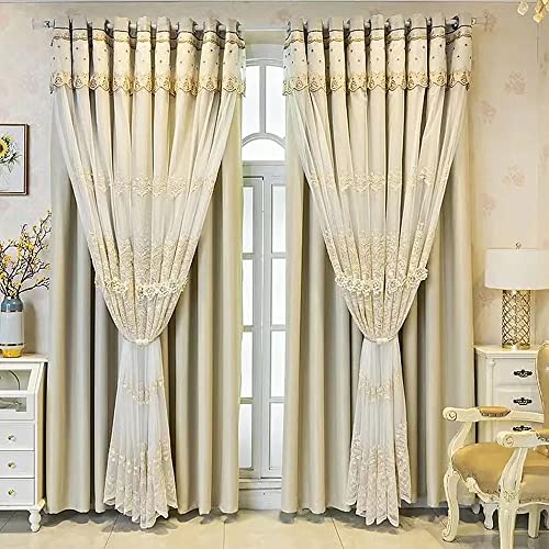 Amidoudou 1 Pair European Double Layer Curtains with Valances for Living Room Bedroom Luxury 3D Flower Embroidered Curtains (Beige,52x84 Inch)