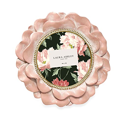 Laura Ashley 4x4 Pink with Gold Round Resin Ornate Flower Design Picture Frame with Beaded Border, for Tabletop and Wall Display, Floral Home D cor (Pink with Gold)