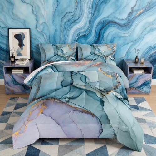 HOSIMA Marble Abstract Bedding Set Twin Size, Gold and Blue Marble Comforter Set for Girls Kids Women Bedroom Decor,Bedding Comforter Sets 3 Pieces with 2 Pillowcases.