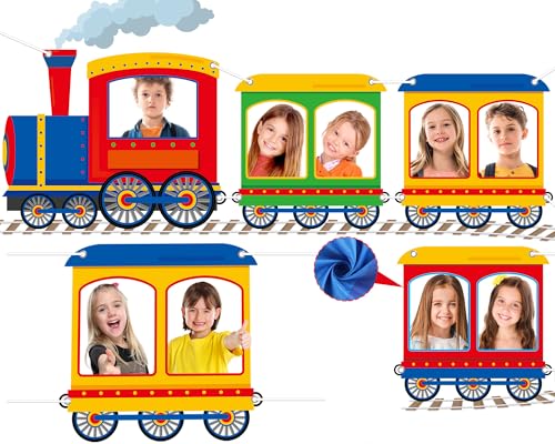 Train Shaped Photo Prop Selfie Frame Party Banner Large Fabric Steam Car Photo Booth Prop Decoration Colorful Train Background Supplies Chugga Chugga Two Two Banner Backdrop Party Sign 112 x38.7 Inch