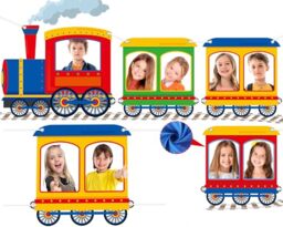 Train Shaped Photo Prop Selfie Frame Party Banner Large Fabric Steam Car Photo Booth Prop Decoration Colorful Train Background Supplies Chugga Chugga Two Two Banner Backdrop Party Sign 112 x38.7 Inch