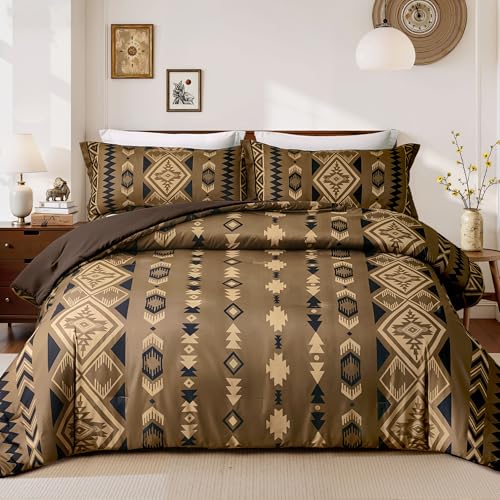 Tyrot Aztec Comforter Bedding Set with Pillow 2 Shams for All Season, King Size, Dark Brown