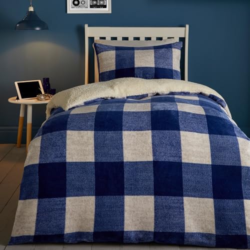Bedlam Blue Check Teddy Fleece Duvet Cover Set – Double Size (200x200cm) – Reversible Cosy Flannelette Bedding – Soft Fleece Quilt Cover – Blue & White Tartan Winter Bedding – Warm & Washable
