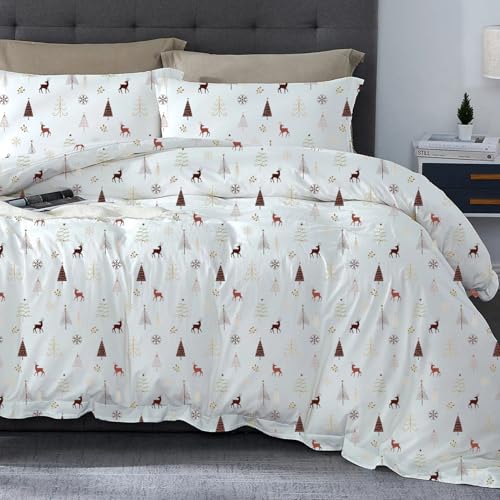 SLEEP-NEST Oversized King Plus White Duvet Cover Set 128 x 120 Inch Premium 3 Piece Extra Large Super King Christmas Print Duvet Cover Set with Zipper Closure Tree Reindeer Decorative Pattern