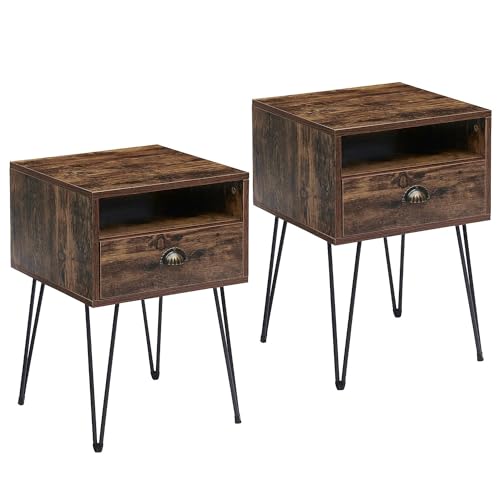 VECELO Bedside Tables Set of 2, Mid-Century Modern Sofa Side/End Cabinet with Drawer and Storage Shelf for Living Room Bedroom