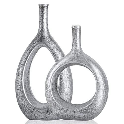 Silver Ceramic Hollow Elliptical Vase Set of 2 - Boho Circle Vase with Hole, for Modern Silver Table Decor, Living Room Decor Shelf mid Century Modern Home Entrance Decorative vase