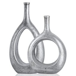 Silver Ceramic Hollow Elliptical Vase Set of 2 - Boho Circle Vase with Hole, for Modern Silver Table Decor, Living Room Decor Shelf mid Century Modern Home Entrance Decorative vase