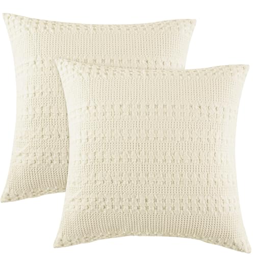 PHF Waffle Weave Euro Pillow Shams, 2 Pack 100% Cotton Pillow Covers 26x26 Inches for Decor, No Insert, Luxury Aesthetic Euro Pillow Cases for Bedroom Decor, Cannoli Cream