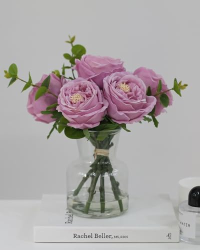 CHASMILE Artificial Flowers with Pinkish-Purple Peonies in Vase, Fix Lifelike Fake Flowers in a Vase with Artificial Water, Faux Flower Arrangements for Dining Table Centerpiece Decor