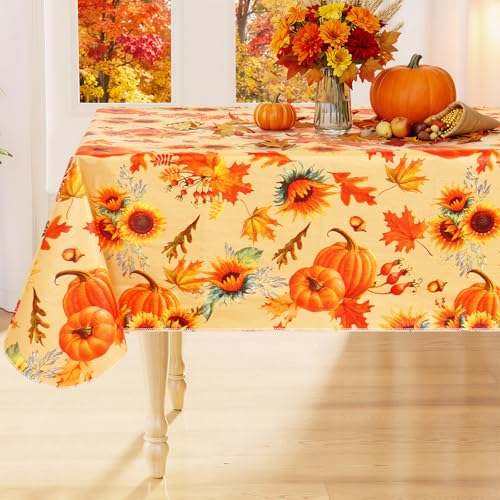"Smiry Fall Rectangle Table Cloth, Waterproof Vinyl Tablecloth with Flannel Backing, Wipeable Autumn Sunflower Plastic Tablecloths for Harvest and Thanksgiving Parties (60""x84"", Gold)"