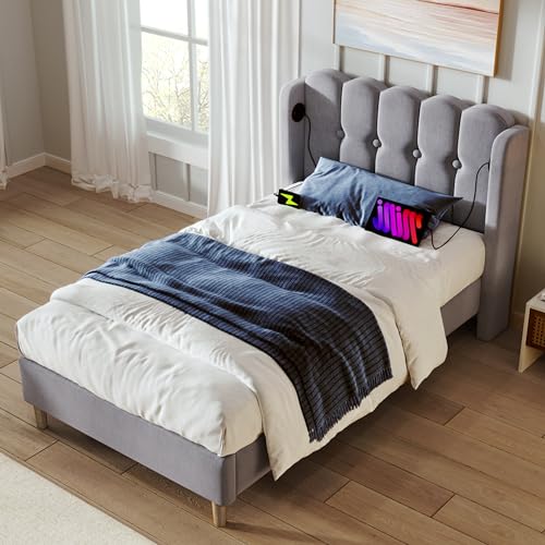 Merax 3FT Upholstered Bed Frame with USB and Type-C Charging, Stylish Single Bed with Wooden Slatted Frame, Contemporary Headboard, Suitable for Teens Bedroom and Guest Room, Linen, Grey, 90x190cm