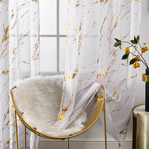 "Lavyhuno Gold White Marble Sheer Curtains 2 Panels for Bedroom Living Room, Metallic Golden 84 Inch Length, Rod Pocket Privacy Sparkle Glitter for Holiday Decor Window Treatments, 52"" X 84"""