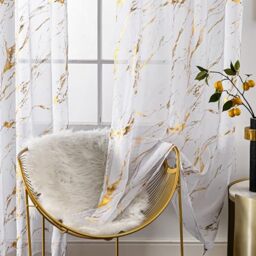 "Lavyhuno Gold White Marble Sheer Curtains 2 Panels for Bedroom Living Room, Metallic Golden 84 Inch Length, Rod Pocket Privacy Sparkle Glitter for Holiday Decor Window Treatments, 52"" X 84"""