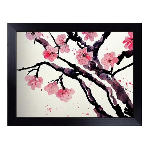 Lap Tray with Bean Bag Cushion, Cherry Blossom Flower Watercolour - Handmade in the UK, Raised Wooden Edge, Padded Cushion, Heat-Resistant Wipe-Clean Surface, for Meals, Laptops and Crafts