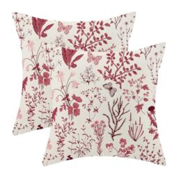 Christmas Pillow Covers 18x18 Inch Set of 2,Burgundy Red Wild Flower Plant Throw Pillows Case,Seasonal Floral Outdoor Decorative Square Linen Farmhouse Decor Cushion Covers for Home Sofa bed Couch