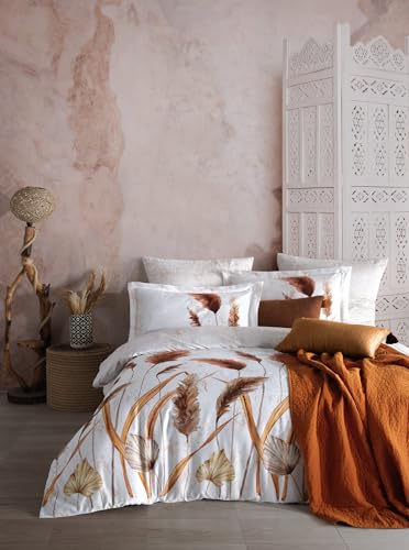 Nuit Des Rêves Luxurious Satin Quilt Cover Set (135 x 200 cm), 100% Cotton, 210 Thread Count - Includes 1 Pillowcase (80 x 80 cm) - Machine Washable, Elegant White, Orange & Brown Design