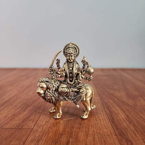 "Small Durga Statue Sitting on Lion, 3.5"""" Inch Goddess Maa Durga Idol with Lion for Navratri Puja, Ambe Ma, MATA Rani ki Murty, Sherawali MATA car Dashboard Idol, Bronze"