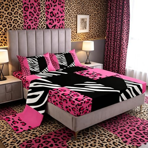 Manfei Leopard Sheet Set Full Size, Love Heart Bed Sheet Set 4pcs with Deep Pocket Fitted Sheet + Flat Sheet + 2 Pillowcases, Black White Pink Leopard Zebra Print Bedding Set for Kid Girls Room Decor