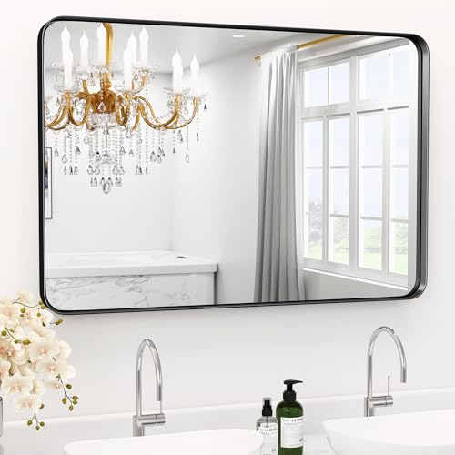 "YYXW Large Black Bathroom Mirror for Wall 30"" x 36"" Metal Framed Mirror, Rounded Rectangle Bathroom Mirrors, Tempered Glass, Anti-Rust, Hangs Horizontally or Vertically"
