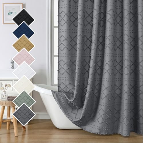 Lecloud Grey Cloth Shower Curtain 72x84 Inches, Modern Plaid Stripes Pattern Fabric Shower Curtain for Bathroom, Chic Textured Jacquard Tufted Farmhouse Shower Curtains