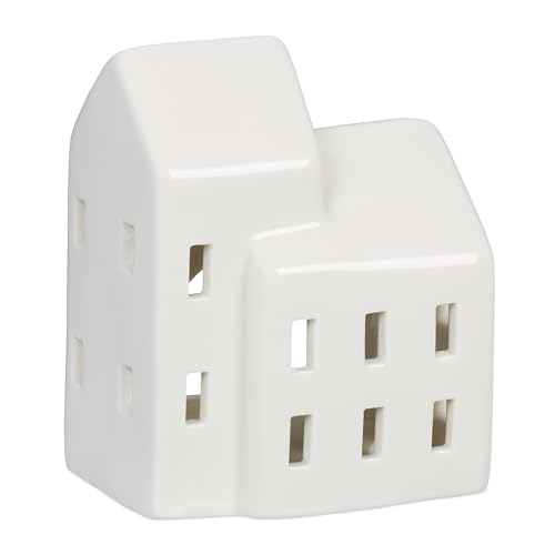 Relaxdays Tea House Ceramic, Light Through Windows, for 1 Candle, HWD: 9.5 x 7.5 x 6 cm, Cute Table Decor, White