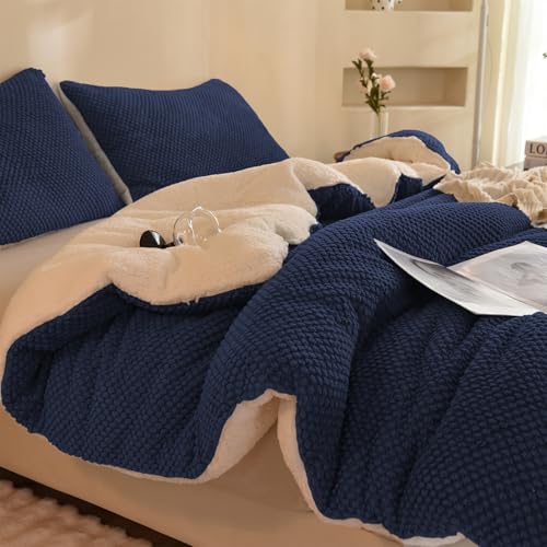 "LLanCL 3D Jacquard Design Comforter Set, Ultra-Soft Warm Queen Size Sherpa Fur Plush 3-Pieces Sets Luxury Cozy Bedding with 2 Pillowcases (90""x90"", Navy Blue)"