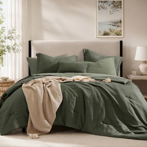 Twin Comforter Set - 5 Pieces Green Textured Bed in a Bag Twin Bedding Sets - Farmhouse Bedding, Soft All Season Bed Set with Comforter, Sheets, Pillowcases & Shams