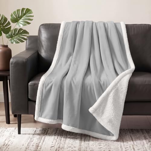 PAVILIA Sherpa Fleece Throw Blanket for Couch, Twin Size, Light Grey, Plush Soft Fuzzy Sofa Blanket, Cozy Reversible Winter Throw for Women Men, 60x80 Inches