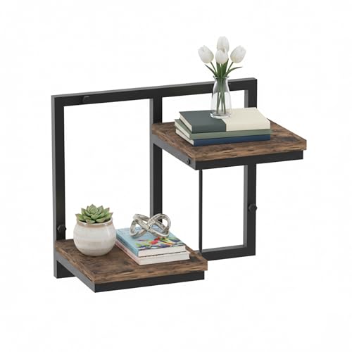 Relaxdays Industrial Metal & Wood-Effect Wall Shelf, 2-Tier Floating Shelf, 29x32.5x19 cm, Black/Brown
