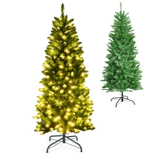 GYMAX 4.5FT/5FT/6FT/6.5FT/7.5FT Pre-Lit Green Christmas Tree, Premium Hinged Artificial Pencil Tree with Warm White LED Lights, Xmas Traditional Decoration for Home, Office, School and Shop(5FT)