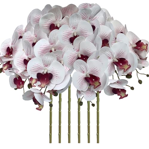 FagusHome 32 Inch Artificial Phalaenopsis Flowers 6 Pcs Artificial Orchid Flowers Stem Plants for Home D??cor (White and Purpleline)
