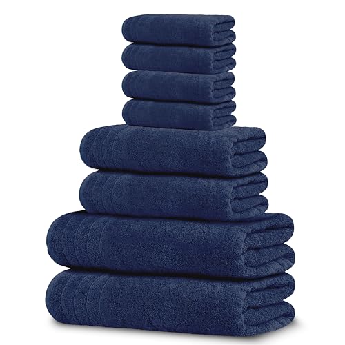 Tens Towels Pack of 8 Towels Set, 2 Extra Large Bath, 2 Hand, 4 Washcloths, 100% Cotton, Lighter Weight, Quicker to Dry, Super Absorbent, Perfect for Bathroom, Navy