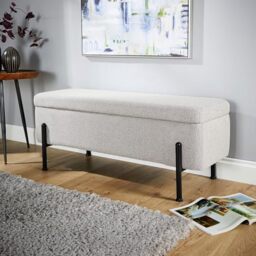 Home Source Boucle Fabric Storage Ottoman Blanket Box, Black Metal Legs, Grey