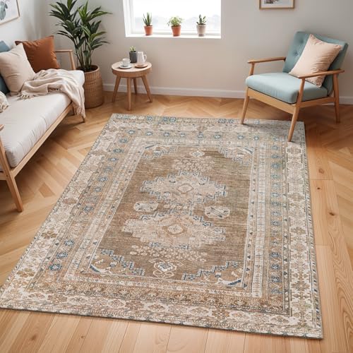 Livabliss Faraoun Machine Washable Rug - Vintage Area Rugs Living Room, Large Rug 120x170 cm - Traditional Boho Rug Style, Dining Room, Kitchen, Outdoor, Hallway - Brown, Blue, Beige Rug