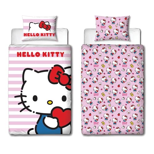 Hello Kitty Officially Licensed Hello Design Single Duvet Cover Set - Reversible 2 Sided Cat Bedding Including Matching Pillow Case - Perfect For Kids Bedroom - Polycotton