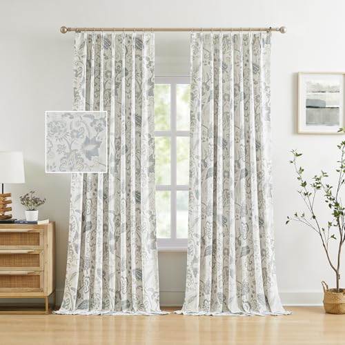 Kayne Studio Linen Textured Botanical Blackout Curtains Blue Grey Floral Farmhouse Drapes for Living Room Bedroom Thermal Room Darkening Jacobean Window Panels, Pinch Pleated Back Tab,40x108,2 Panels