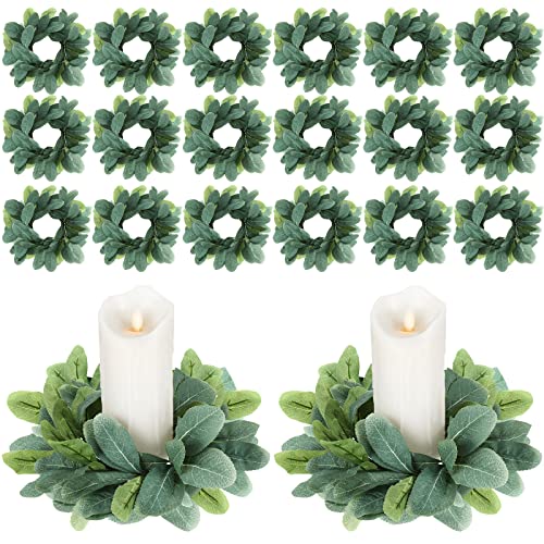 Panelee 20 Pcs Wedding Candle Rings Wreaths Green Eucalyptus Leaves Artificial Leaf Boho Candle Pillars Holder(Cute Leaf Style)