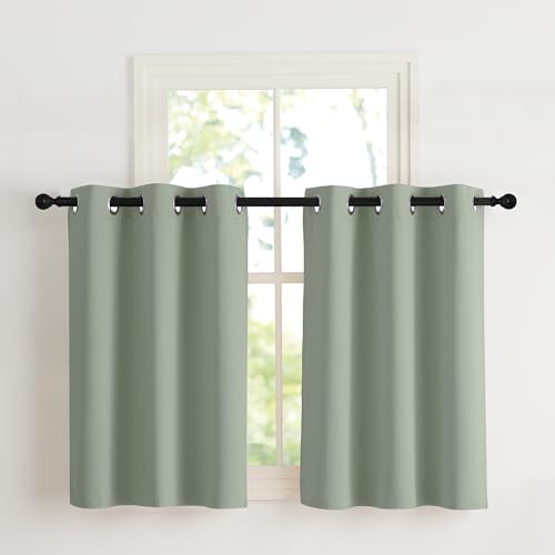 NICETOWN Net Curtains for Children's Room Set of 2 H90 x W107 cm Sage Green Curtains with Eyelets Modern Thermal Blackout Curtains