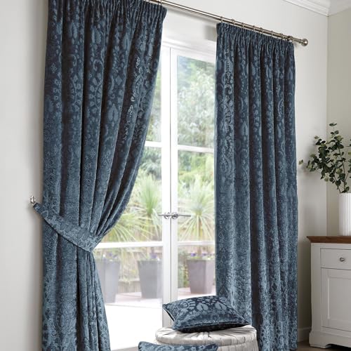 Curtina - Navy Velvet Damask Curtains W66 x L90 (168 x 229cm) - 2 Tie Backs Included - 2 Panels - Woven in Navy Blue - Luxury Drapes
