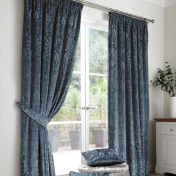 Curtina - Navy Velvet Damask Curtains W66 x L90 (168 x 229cm) - 2 Tie Backs Included - 2 Panels - Woven in Navy Blue - Luxury Drapes