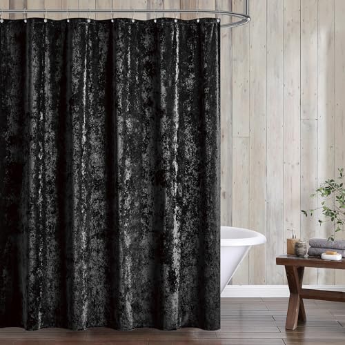 "Fredsure Distressed Velvet Shower Curtain set, 13 Pieces Black Including 1 Piece 72""x72"" Shower Curtain and 12 Pieces Silver Hooks"