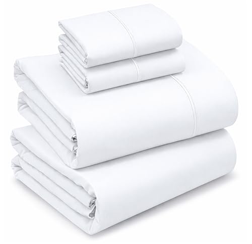 Ruvanti 100% Cotton Sheets - Crispy Cooling Percale Sheets for Queen Size Bed, Breathable & Durable Queen Sheet Set, 16 Inches Deep Pocket Bed Sheets, Briliant White, 4 Pieces