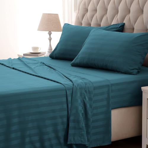 SLEEP ZONE Striped Cooling Twin Sheets Set for Kids - Fitted Flat Sheet & Pillowcase Sets 3 Piece - Super Soft Stripe Bed Sheet, Easy Care, Deep Pocket (Teal, Twin)