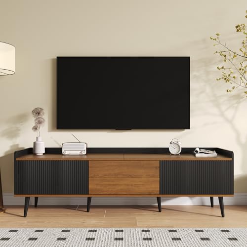 Ball & Cast TV Cabinet TV Stand Compact Media Unit with Raised Edge, Striped Doors & Solid Wood Legs 160 × 39 × 49.5 cm - Black & Natural Wood