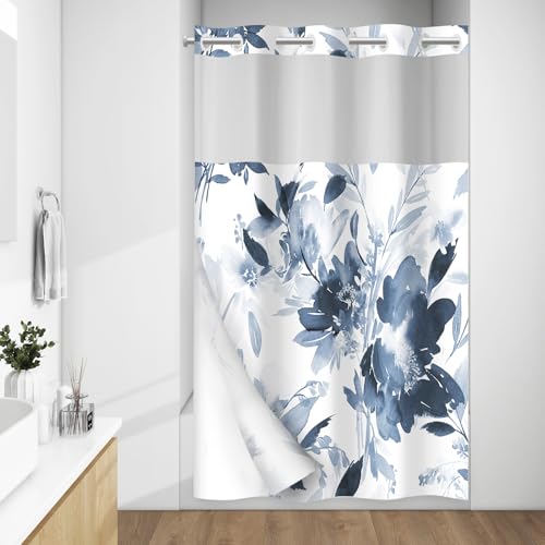 WITHLOC No Hook Shower Curtain with Snap in Liner - Floral Shower Curtain - Fabric Waterproof Inner Liner, Plants Navy Blue Flowers Modern Cloth Shower Curtains - Machine Washable, 54 x 80
