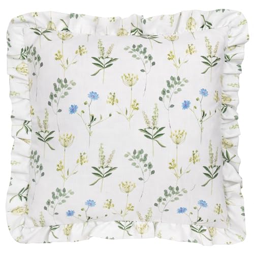 furn. Wylder Meadow Cushion Cover – Floral Ruffle Trim Nature Inspired Botanical Decorative Case (White/Cornflower – 50x50cm)