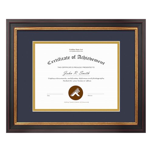 Golden State Art, 11x14 Black Gold & Burgundy Color Document Frame for 8x10 Diploma/Certificate/Picture, Includes Double Mat and Real Glass (Navy Blue Over Gold Double Mat)