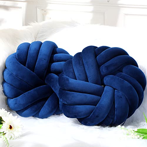2 Pcs Knot Pillow 14 x 14 Inch Plush Throw Knot Ball Pillow Decorative Soft Sofa Knot Pillow Ball Handmade Chair Cushion Home Stuffed Ball Pillow for Living Room Bedroom Car Decorations (Royal Blue)