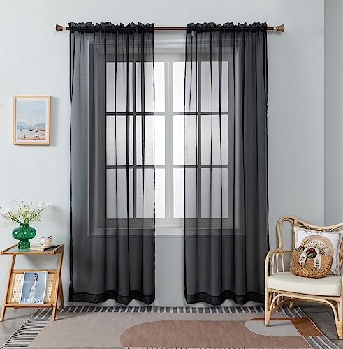 "WPM Black Sheer Curtains 60"" Wide x 95"" Long 2 Panels Livingroom Window Treatment Rod Pocket Sheer Voile for Bedroom, Kitchen, Childrens Room Fully Stitched and Hemmed"